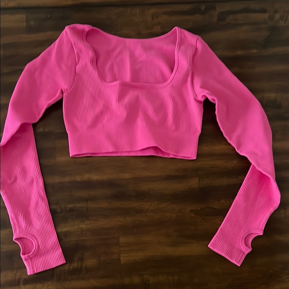 OQQ Hot Pink Ribbed Long Sleeve Crop Top